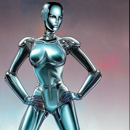 a robot woman  with her  (hands on hips:1.3) on the cover of a heavy metal album alone alone alone  SCG768-illustrate