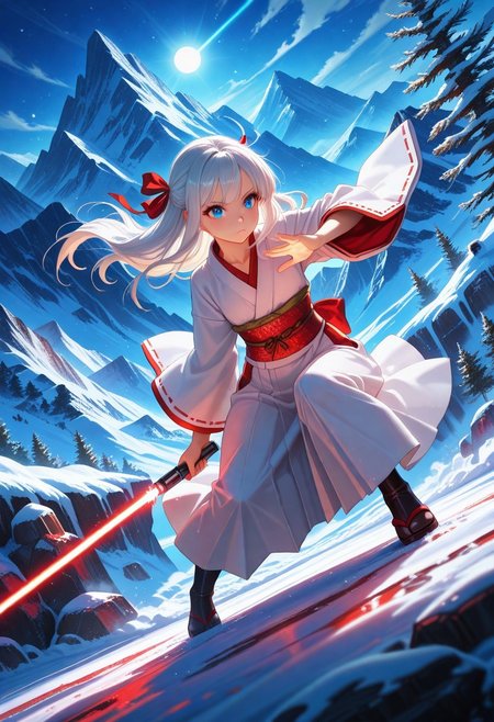 masterpiece, best quality, amazing quality, volumetric lighting, (by_neoartcore:0.1), BREAK, 1girl, 25 years old, cute, petite, 
blue eyes,
white hair, long hair, hair ribbon, red ribbon, 
japanese clothes, white kimono, long sleeves, red ornament, 
holding lightsaber, red lightsaber, 
battoujutsu stance, fighting stance, ready to draw, dynamic pose, dynamic angle, 
winter, snow, mountains, scenery,