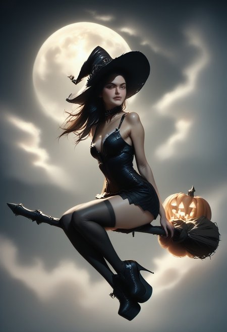 score_9, score_8_up, score_7_up, realistic, masterpiece, best quality, absurdres, vibrant, highly detailed, gorgeous, sexy, enchanting, 
BREAK 
SeijV2, high ponytail, open hair, reij-bewitched, black dress, black choker, black platform shoes, black stockings, black hat, pumpkin hatdetail, (smirk:0.6), skin details, detailed eyes, r1dingbroom, broom riding, broom, sidesaddle, looking at viewer
BREAK 
Jed-dtl, (dark:1.2), night, starry sky, (full moon:1.5)