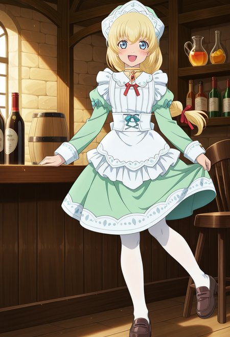 indoor, tavern, bar, god rays, windows,
BREAK,
open smile, blush,
full body,
BREAK,
<lora:coletteX2_illustriousXL_v07:0.9>
coletternd, blonde hair, blue eyes, long hair, choker, chest jewel, red hair tie, maid, single braid, headdress, green dress, puffy sleeves, apron, loafers, laces, colettemaida, white legwear, white pantyhose,, source_anime, very aesthetic, anime coloring, masterpiece, 
best quality, amazing quality, ultra detailed, very aesthetic, 
detailed background, 
BREAK,