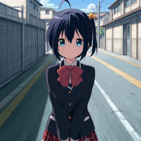 masterpiece, best quality, amazing quality,1girl, solo, love_chunibyo_other_delusions_takanashi_rikka, school uniform, short hair, blue eyes, no eyepatch, plaid skirt, smile, skirt, plaid, black hair, one side up, jacket, ahoge, blazer, looking at viewer, bow, street, outdoors, <lora:Takanashi_Rikka:0.7>
