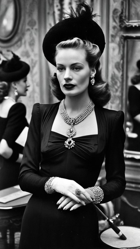 The year is 1947, 1940's style <lora:1940's style:1>, Frenh woman in a rich french cabaret, she is elegantly dressed in 1947 dior dress , she has golden necklace, red lipstick, she has an old school beret on her head, beautiful artistic smoke. She is in a detailed french room, there is a mirror in the room, , monochrome, vintage photo, analog, old photo, black and white photo