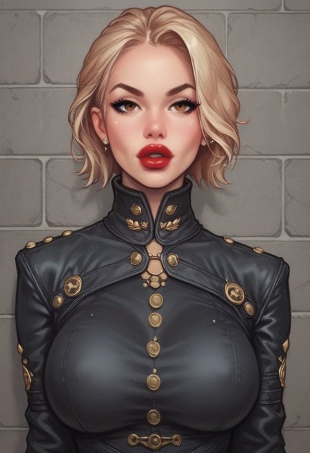 from front, (((front view))), 1girl, illustration, comic style, looking at viewer, highly detailed,
(((front view)))
In a gritty, noir-inspired urban setting bathed in the harsh glow of neon lights, K4TH3R1N3, a striking woman with platinum blonde hair cascading down her back, stands against the cold brick wall of an abandoned warehouse. Her piercing brown eyes are parted, revealing a hint of red lipstick-stained lips as she gazes directly at the viewer, challenging and intriguing in equal measure. The camera angle is low, casting her figure in sharp relief, with the dramatic shadows emphasizing the high collar of her unique outfit: a tailored trench coat made from a shimmering material that catches the light, adorned with intricate, steampunk-inspired metal accents. ((dynamic pose))
((full-clothed)),
BREAK 
dynamic pose <lora:Cherry-Gig:0.55> ((((full-clothed)))), 
BREAK
((dark room background))) score_9, score_8_up, score_7_up, score_6_up, source_cartoon, rating_explicit, Expressiveh, (((((upper body))))), dynamic pose