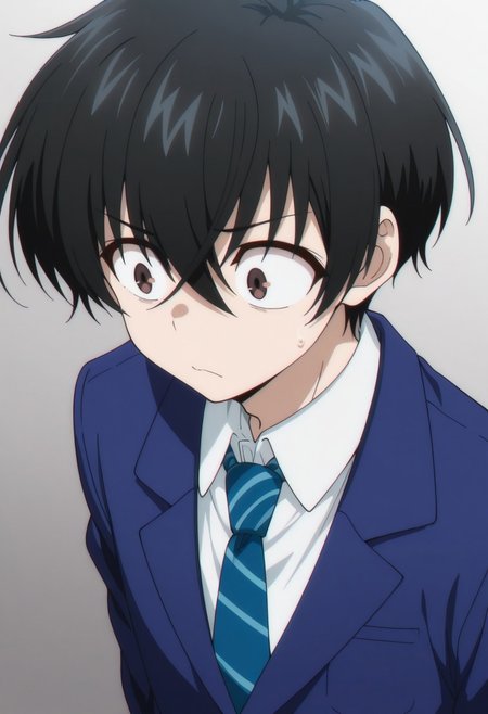 masterpiece,best quality,amazing quality, source_anime, 
KeitaroGentoga, 
1boy, male focus, solo, brown eyes, black hair, school uniform, shirt, white shirt, collared shirt, necktie, blue necktie, striped necktie, jacket, blazer, blue jacket,