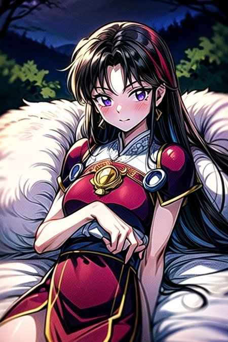 best quality 1girl Setsun4 solo long hair,  (night time) forest background black hair very long hair purple eyes multicolored hair armor, small, (fur trim) (medium body),<lora:EMS-179-EMS:0.800000>,<lora:EMS-293862-EMS:0.800000> bow, hair_bow, hair_tubes, red_bow, brown_hair, long_hair, bangs, ascot, frilled_bow, yellow_ascot, blush, smile, hair_between_eyes, athletic, armor, miko, ,(((intricate outfit,intricate clothes,embroidered outfit,ornate outfit,embroidered clothes,ornate clothes))), laying down, lying down