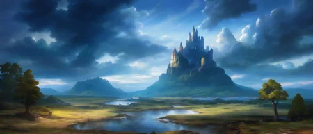 masterpiece,absurdres,best quality,high quality,<lora:Vanillaware XLV3 Vpred Noob:1>,scenery,outdoors,no humans,sky,cloud,castle,tree,water,nature,