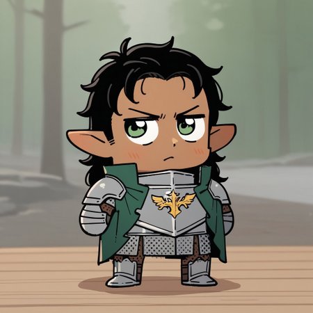 (((beautiful, high quality))), upper Body, score_9, score_8_up, score_7_up, wood elf Man, 1male, brown skin, curly hair, black hair, long hair, green cape, messy hair, posing, silver armor, golden shield crest, blurred background, steel armor, armor, knight, full body, tiny body, green eyes, looking to the camera, serious expression, cute, closer
