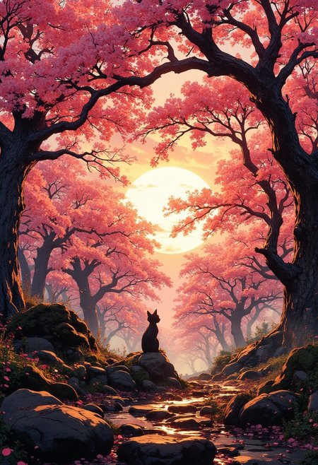 valley, fairytale Sakura trees village covered, highly detailed, dynamic lighting, cinematic, realism, realistic, photo real, sunset, detailed, high contrast, denoised, centered, michael whelan, cherryblossoms, huge Sakura trees, A mesmerizing image of smoke lit with a heavenly light elegantly forming a lifelike cat silhouette