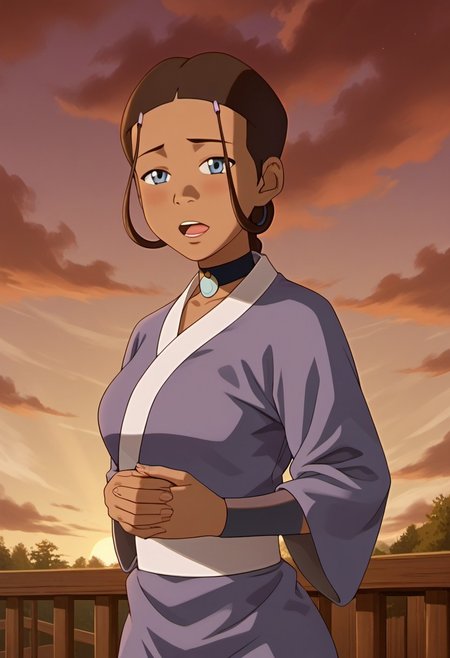score_9, score_8_up, score_7_up, realistic, realism, HD, perfect quality, 16k, very detailed, realistic lighting, detailed face, BREAK, (((good_hands))), (((perfect eyes, bedroom eyes, (light smile:0.5)))),  BREAK, solo, 1girl, (((Katara-BookWater, blue eyes, short hair, brown hair, hair ornament, dark skin, dark-skinned female))), eye_focus, ((medium breasts, big ass)), (bedroom eyes), looking at viewer, nervous, seductive, sensual, medium body size, slightly small neck, plumb body, voluptuous hips and thighs, curvy body size, microwaist, (feminine body, soft body:1.5), BREAK, dark skin, brown hair, dark-skinned female, cloud, sky, open mouth, choker, grey eyes, japanese clothes, hair ornament