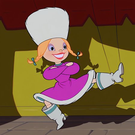absurdres, 8k, high resolution, masterpiece, best quality, absolutely fantastic art, amazing quality, very aesthetic,1girl, solo, full body, <lora:dancingpuppets>,russian, blonde hair,purple dress,  boots, twin braids, hat, makeup, crossed arms, red lips, grin, kicking, puppet srings
