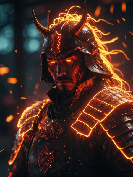 glowneon, glowing samurai emitting sparks and electricity, dark red and orange, glowing eyes, cinematic film still <lora:glowneon_xl_v1:1> <lora:add-detail-xl:0.8>