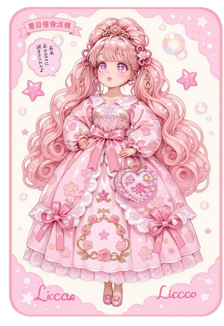 ((fullbody)) 1girl, solo, ((Licca-chan : 1.2)), moe, kawaii, cute, doll, doll joints, big sparkling eyes, detailed lips, makeup, hands on hips, holding, holding purse, fashion, ((doll_clothes)), (princess), gown, ((ornate floral print puffy gown with ribbons and rococo lace trim)), accessories, hair ornaments, too many hair ornaments, simple background, print background, pastel background, (pastel pink floral and bubble shoujo manga background), pastel pink floral print background, bubbles, text, text captions, ((Japanese text)), wide shot, pastel colors, hearts, star (symbol), music notes, sparkles, glitter