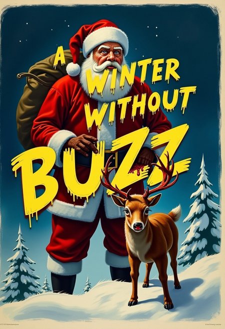 [ Movie Poster for a 1940's colorized Horror film titled "A Winter Without Buzz" ] ((The text "A Winter Without Buzz" is seen printed at the top of the poster), ((the plot is), ((dark shadowpeople begin to emerge from the thick fog at the north pole), (Santa looks terrified), (light from rudolph the red nosed reindeer's nose is dimming), (because their isn't enough buzz to power it.))
[ "A Winter Without Buzz" (is filmed using 35mm film and is colorized with Technicolor) , the poster image makes use of unsettling high and tilted angles)],
((The words , "A" , "Winter" , "Without" are seen printed in the same colour using a bold font), (the word "Buzz" is printed in yellow glowing horror font with blood splattered on it))
