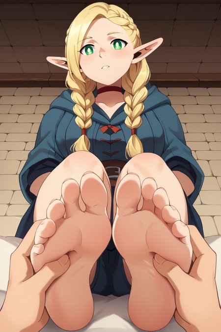 <lora:foot_massage:0.7> from below, perspective, pov, hands, foomas, foot massage, soles, toes, <lora:marcille-donato-s1-ponyxl-lora-nochekaiser:1> marcille donato,long hair,blonde hair,green eyes,braid,pointy ears,twin braids,elf,bright pupils,parted bangs,medium breasts,choker,robe,red choker, Score_9, Score_8_up, Score_7_up, Score_6_up, Score_5_up, Score_4_up, BREAK,1girl in full growth, best quality, masterpiece, ultra-detailed, high quality,good quality,1 girl,(master piece,high resolution, ultra detailed,8K,16K),look at viewer