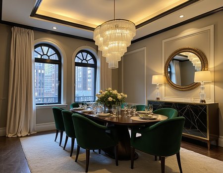 A sophisticated dining room with subtle Art Deco influences, located in a luxurious New York City apartment, featuring arch-top windows framing a glittering cityscape at night. The room exudes timeless elegance with its rich materials, geometric motifs, and a warm, intimate ambiance.
The dining table, a sleek oval design in dark, polished wood, stands at the center of the room. Surrounding it are upholstered dining chairs in a deep emerald green velvet, with brass accents that echo the glamorous Art Deco aesthetic. The table is set with fine dinnerware and a low, elongated centerpiece of fresh white roses and greenery.
Above the table hangs an opulent chandelier, a modern take on Art Deco lighting, featuring cascading tiers of frosted glass and brass. The chandelier's warm, golden glow bathes the room in soft light, highlighting the subtle textures and details throughout.
The arch-top windows are framed with sheer, floor-to-ceiling drapes in a soft cream color, allowing glimpses of the twinkling city lights while maintaining a sense of privacy. The dark trim around the windows adds a bold, architectural contrast to the roomâs light palette.
The walls are painted in a soft taupe, with understated Art Deco paneling that adds depth and sophistication. A console table with a marble top and gold geometric inlays sits against one wall, adorned with a pair of sleek, sculptural table lamps and a statement mirror with a sunburst frame.
The flooring is dark-stained herringbone wood, enhancing the room's classic charm. A plush area rug in a neutral tone anchors the space and adds warmth underfoot. The overall color scheme balances rich, dark tones with lighter elements to create a harmonious, luxurious feel.
 <lora:iphone-dev-6:1> iphone photo