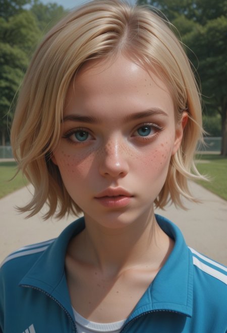 score_9, score_8_up, score_7_up, score_6_up, score_9, score_8_up, score_8, ((portrait, close up, face focus)), 1 girl, 18 year old girl, ((mean expression, closed lips)), leu_hanna2, ((freckles)), blonde short hair, flat chest, perfect round boobs , cute sweet girl, beautiful woman , slim legs, pouty lips, dynamic view, blush, 
shy, arched back, wearing sport outfits, jacket, park