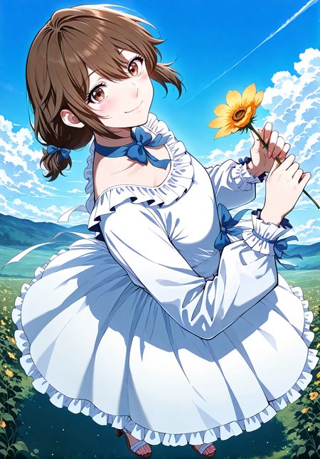 <lora:Eleanor_Leywin__The_Beginning_After_the_End__Illustrious:1>
1 girl, solo, brown hair, brown eyes, bangs
white dress, long sleeves, blue bowtie, hair between eyes, hair bow, short hair, high heels, sandals, frills, twintails
score_9, score_8_up, score_7_up, very aesthetic, source_anime, detailed, high quality, beautiful, masterpiece, detailed eyes, highres, best quality, masterpiece, outdoors, looking at viewer, blush, smile, holding flower, from above, floating, blue sky, <lora:iLLMythG0thicL1nes:1>