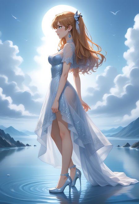 1girl, solo, full body, short sleeves, outdoors, clouds, high heels, from side, blue sky, see-through, profile, lace-trimmed dress, bird, ocean, white footwear, cloudy sky, reflection, diamond \(gem\), horizon, glass slipper, ripples, see-through silhouette, standing on water, Asuka Langley, diamond dress, diamond earrings, diamond hair ornament, diamond bracelet, large breasts, swooping breasts, smile, blush <lora:SDXL_Hyper:1> <lora:Timm_Style_XL:0.8> <lora:breasts++-PD-swooping-1.0:1>  <lora:WAYGDLT:1>