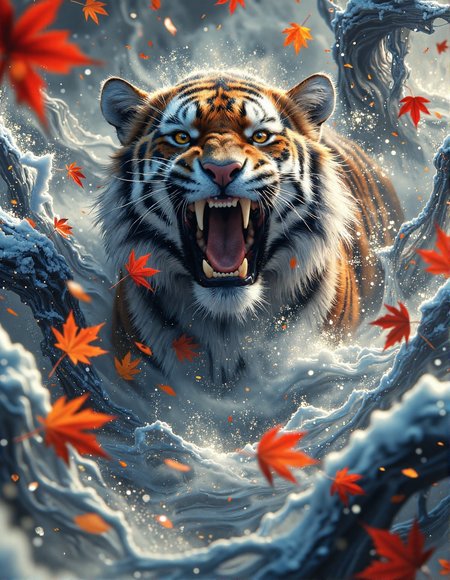 dramatic, stylized digital painting of a roaring Bengal tiger emerging from a swirling snowstorm. The tiger is the central focus, facing directly forward with a fierce, open-mouthed roar, showcasing its teeth and powerful expression.  The tiger is surrounded by stylized waves of white and blue snow, resembling fluid brushstrokes and stylized clouds. Interspersed throughout the snow and around the tiger are bright red-orange maple leaves or similar foliage, adding vivid color contrast. The background is a soft, muted grey-blue, emphasizing the tiger and the swirling snow.  Capture the scene in a bold, painterly style, reminiscent of traditional Asian ink wash paintings but with vibrant digital colors and textures, focusing on the tiger's powerful presence and the dynamic movement of the snow, <lora:RetroAnimeFluxV1:0.4>, <lora:FantasyWizardWitchesFluxV2-000001:0.7>, <lora:aura_v2_beta2:0.6>, <lora:anhei_first_flux_lora_v1:0.3>