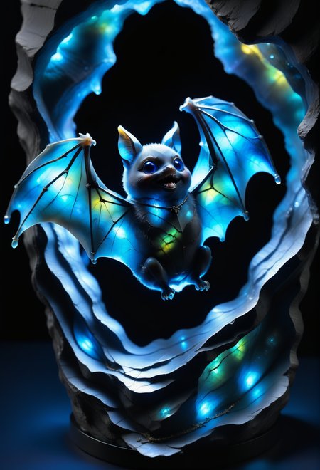 a cute bat made out of reij-lmlbrdrt <lora:LumiLabradorit:1>,,, cute and mischievous, cinematic light, looking at viewer, dark, nigh, mysterious atmosphere, flies through a dark stalactite cave at night, bioluminescent icicles on the walls, everything is shrouded in darkness, multicolored gemstones,  a masterpiece, surrounded by fairy dust, sparkle
