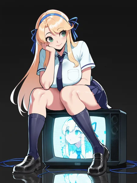 masterpiece, best quality, amazing quality
(solo:1.4), Katsuragi_IL, green eyes, long blonde hair, blue hair ribbon, double hair ribbon, large breasts, Katsuragi_School, school uniform, blue necktie, white buttoned shirt, pleated skirt, dark blue kneehighs, black loafers
(gorgeous mushroom:1),(agoto:1),(kim hyung tae:0.5),(nyantcha:0.8),(soejima shigenori:0.8), sitting,monitor, head rest, television, screen light, glitch, [(digital dissolve,dissolving :1): (digital dissolve,dissolving :1.3):15], sitting on box, dark, night, wire, simple dark background, reflection
<lora:SK_Katsuragi_IL:0.8>