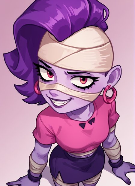 score_9, score_8_up, score_7_up,   <lora:bsemz:1>bsemz , 1 girl , purple skin , bandages ,Earrings , purple hair, skirt  ,cropped shirt , pink shirt   ,  <lora:PossumMachine:1>posmach   , smile , from above,