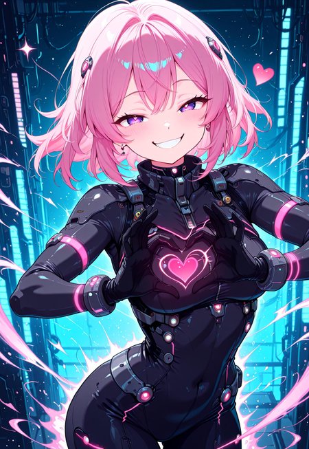 masterpiece, best quality, newest, absurdres, highres, anime,
zzCitronLegacy, CivChan, pink hair, purple eyes, heart, 1girl, blush, smile, smug, grin, looking at viewer, bodysuit, gloves, neon glow, cowboy shot, solo, in the style of cknc, hi-tech, sci-fi, dynamic pose, heart hands, motion effect, magic effect,