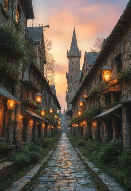 A highly detailed, fantastic digital painting in a medieval fantasy style. The scene depicts a sprawling, ancient medieval city with intricate stone architecture, set in a lush, sunlit valley. The city features tall, pointed towers, archways, and battlements, adorned with ornate carvings and intricate stonework.

The city's grand entrance is flanked by massive wooden gates, reinforced with iron and adorned with elaborate carvings. The cobblestone streets are bustling with activity, where knights in gleaming armor patrol, and merchants sell their wares in colorful market stalls.

The surrounding landscape is verdant and enchanting, with rolling hills, dense forests, and a sparkling river. Magical elements, such as glowing lanterns and mystical creatures, add to the ethereal atmosphere.

The entire scene is bathed in a warm, golden light, casting long shadows and highlighting the rich textures and vibrant colors of the environment.
<lora:add-detail-xl:1>
 <lora:Dynamic Poses:1>
