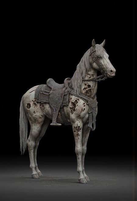 decayed non human Obscure medieval military armored rotting postulant horse without a rider
Standing on a flat ground
Set against a solid dark black color background to emphasize its unsettling unnatural form that emphasizes its silhouette. The medium is not a traditional painting or illustrative medium like watercolor or ink but rather a digital 3D rendering.
MikeFranchinastyle, bbstyle,, horror theme,, ZBClay model of a gray sculpture, zbrush, d4arks0uls, overcast lighting
