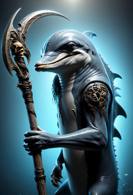 dolphin  holding a DonM5cy7h3XL scythe, single blade  <lora:DonM5cy7h3XL-v1.1-000006:0.8>