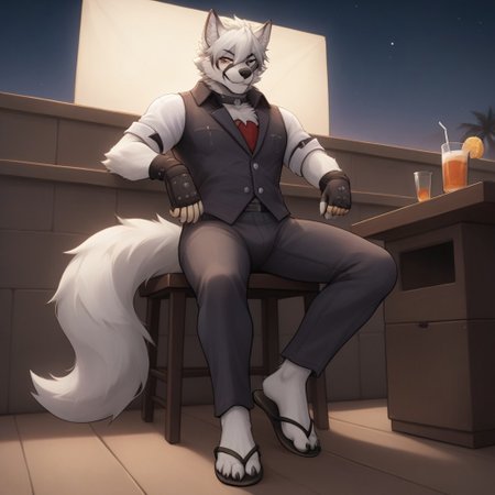 (((Barefoot furry character, full body, cinematic setting, furry male, plantigrade))) 
(((front view from below))) on Von Lycaon, muscular white wolf, in a (((yellow Hawaiian shirt))) with green or purple pattern, wearing long blue pants, goth accessories on outfit, nice feet paws with four toes and claws, feet towards the viewer, feet POV, (((brown flip-flops))), (((shoeplay))), (((his feet playing with flip-flops))), dynamic pose, smile, drinks whiskey, drunk, sleepy, on beach, near beach bar, (((night))), (((outdoors))), focus on feet paws, 
BREAK, intricate details, highly detailed, extreme detail, octane render, fine art, best quality, highres, (detailed face:1.5), ((full_body)), UHD, (((perfect hands))), low light, anime