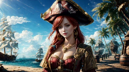 (young redhead pirate woman), (portrait), (parrot:1.2), sharp focus, (ultradetailed), (standing), (happy) smile, pirate (ship galleon:1.2,  hoop earrings, gold medallion, Soft Pinkpirate clothes, pirate hat, hips,   pirate (village), leafy beach coast, (treasure chest with coins, gems and jewels:1.2), (rum barrel), best quality masterpiece,  bright sunny sky, backlight, natural lights, high contrast, hdr, shadows, pretty, beautiful, feminine, sexy, adorable, lovely, in love, (PirateDiffusionprt:0.5),  <lora:Pirate:0.3>  PrateT  <lora:PirateRealms:0.3> <lora:Detail Tweaker LoRA add_detail:0.8> <lora:depth_of_field_slider_v1:5> <lora:SDXLrender_v2.0:0.9>