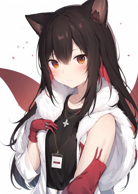 1girl, texas (arknights), solo, shoulder strap, gloves, official alternate costume, black hair, animal ears, long hair, jacket, looking at viewer, wolf ears, white background, shirt, red gloves, red hair, upper body, long sleeves, simple background, open clothes, multicolored hair, white jacket, hair between eyes, black shirt, closed mouth, open jacket, id card, brown eyes, fur trim, bangs, hand up, necklace, jewelry, colored inner hair, animal ear fluff, wide sleeves, two-tone hair

<lora:amaki_natsuki-loha-v1.0:0.7>, (masterpiece,best quality)