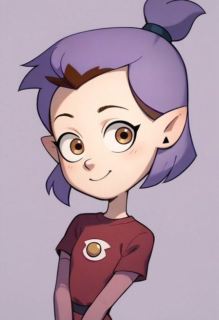 score_9,score_8_up,score_7_up, disney the owl house Amity Blight, sexy attire, 1 girl, purple hair, pink t-shirt, red jumpsuit, half body