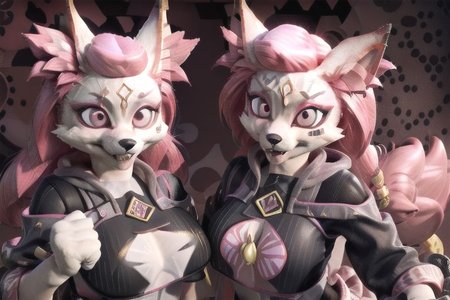 3D KIMIKO FUFFLY FOX EARS FULL BODY SCAR FACIAL MARK GOLD SYMBOL ON FOREHEAD FURRY FEMALE FURRY FANGS PINK EYES PINK HAIR PINK PULLOVER HOODIE WITH STAR STRIPES, BLACK LATEX PANTS  PINK GLOVES BIG BREASTS THIGHS SMILING FACE PINK EYES WITH BLACK IRIS PUFFY NIPPLES AHEGAO