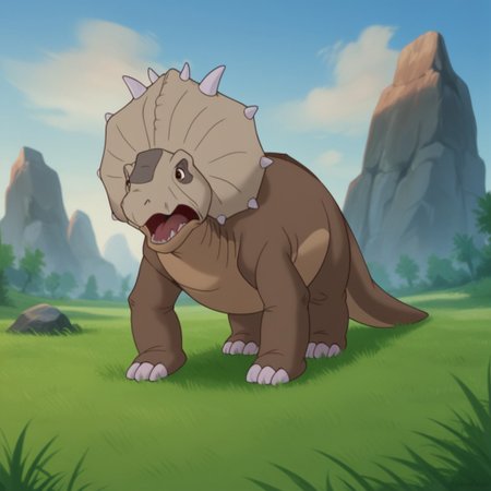 score_9, score_8_up, score_7_up, score_6_up, score_5_up, score_4_up, source_furry, thicknoselbt, feral, male,dinosaur, crest, spikes, Pachyrhinosaurus, brown skin, brown eyes,, standing, in a grassy field, open mouth