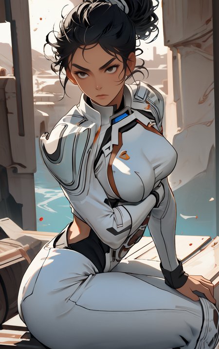 ((masterpiece, best quality)),  solo, looking at viewer, amazon_woman whit black hair wearing spacesuit, long hair, "Contemplative expression", "Twisted updo hairstyle" hair, "Resting head on hands" pose , skin tight,  depth of field, light particles,
 <lora:GoodHands-beta2:1>,
<lora:BrazilianWomanAmazon_V1.0:1>,
<lora:muscle_slider_v1:2>,
<lora:weight_slider_v2:-1>,
<lora:hair_length_slider_v1:1>,
 <lora:spacesuitV1.0:0.7>,
 <lora:wuxia2:0.6>,
 <lora:Background_Detail_v3:1>,
<lora:IvoryGoldAIv2:0.7>