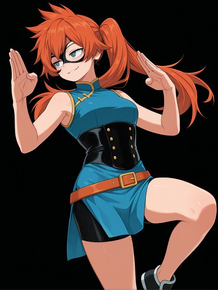 <lora:Kendo Illu:1>
1girl, solo,
kend0, long hair, orange hair, side ponytail, green eyes, 
kendoher0, blue china dress, sleeveless, black corset, shorts under dress, bike shorts, belt,  domino mask, underbust,
standing on one leg, fighting pose, smirk
cowboy shot,, masterpiece, best quality, amazing quality,, simple background, black background