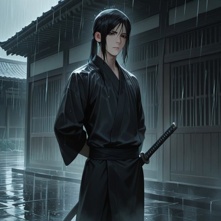 masterpiece, best quality, amazing quality, absurdres, newest, detailed background, definition so sharp, Ultra-HD, 8K cinematic, very awa, impressionate, amazing quality, highres, 
solo, male focus, manly, 
kurohyatogami, kuroh_black hair, kuroh_black eyes, 1boy, low tied hair, long hair, 
standing, hands behind back, calm posture, cool gaze, black kimono, sword on hip, rain, traditional building, serene, powerful, protective, cool, warm presence