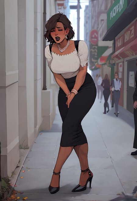 score_9, score_8_up,solo,milf desperate on a crowded street, standing in queue to porta-potty, desperation, crossed legs, bent over, holding crotch , toned female, messy ponytail, side locks,multiple women,  bag on shoulder,tight clothing, black short dress, high heels, multiple necklace,feminine face,(source_anime:0.4), (tan skin:1.3), dark lipstick