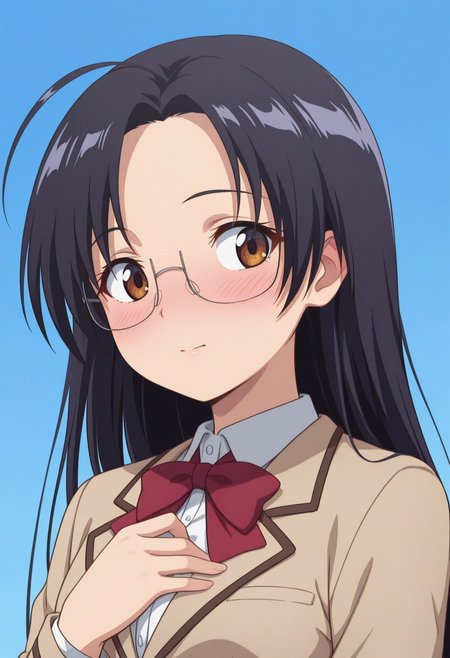 1girl,solo,cute,
Sumire Shirakawa34,
brown eyes, black hair, small breasts, pale skin,long hair, parted bangs, ahoge, straight hair,glasses, under-rim eyewear,school uniform, beige blazer, white shirt, red bowtie, pleated skirt, black pantyhose, loafers
blush, gentle smile, soft expression, hand on chest, looking to the side
looking at viewer,portrait
Simple blue background,(soft focus:1.3), 
masterpiece, amazing quality, best quality, ultra-detailed, 8K, illustration, CG, shiny hair, clear skin, ultra-detailed-eyes, eyelashes, highly detailed,