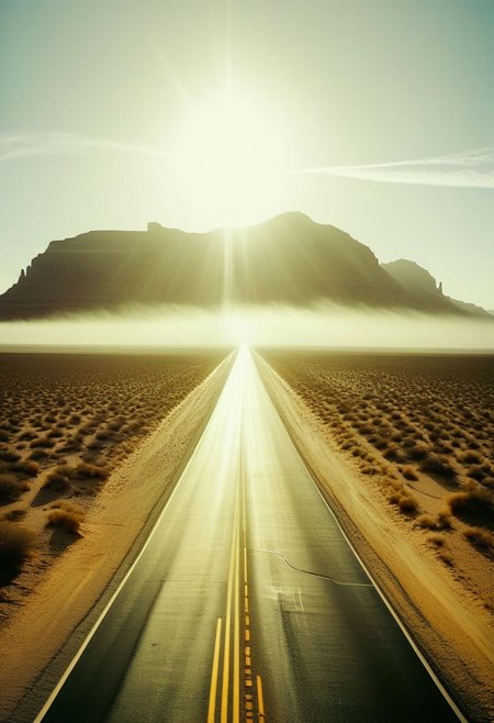 ()Hyoer Realistic:2.0)Polaroid picture of 
 image of a vast, desert interstate highway, stretching out to the horizon with multiple lanes of sleek, silver cars zipping by. The speed limit sign reads 99 MPH, and the road is flanked by towering, sandy dunes that glow golden in the sunlight.
(In the center of the view, a majestic mountain rises from the desert floor, its peak shrouded in mist. At the very top, a breathtaking waterfall cascades down the rocky face, creating a misty veil that rises into the air.:1.80) The contrast between the arid desert landscape and the lush, tropical oasis at the mountain's peak is striking.
Capture the sense of freedom and adventure that comes with driving down this futuristic highway, surrounded by the surreal beauty of the desert landscape.