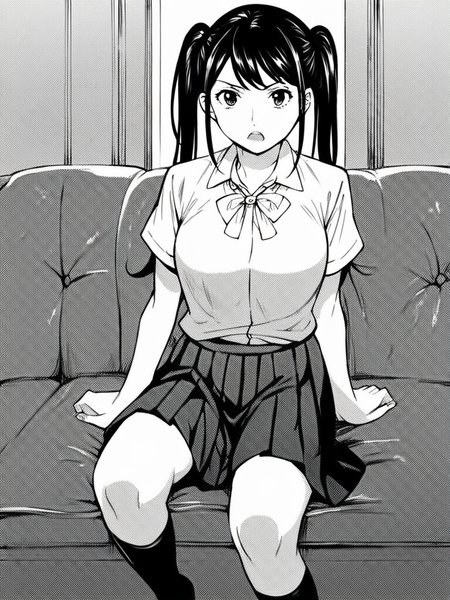 score_9, score_8_up, score_7_up,  
1girl, monochrome, black hair, twintails, medium breasts,

school uniform, white shirt, short sleeves, pleated skirt, black skirt, black socks, sitting, couch,
looking at viewer, frown, open mouth,
