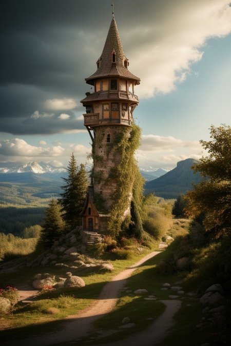 realistic analog photo, award winning photo, vary wide shot of magic stone witow tower:1.3, (Military watchtower), scenery,  fantasy, hills, dirt road, nature, outdoors, RAW, highres, 8k, uhd, High Dynamic Range, tonemapping, crisp details,