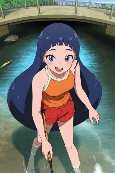 <lora:Hana Ayukawa:0.85>small butt, NPA_HA, 1girl,solo,long hair,blue eyes,blue hair,closed mouth,orange vest,blue sky, looking_at_viewer,front view,smile,cowboy_shot,waving,open mouth,upper teeth only,red shorts
fishing,  (holding fishing rod:0.8), canal, 
 perspective,looking at viewer,motion lines,
blush, shy,
anime screencap, original style,official art,
realistic skin, high definition, amazing quality, very aesthetic, best quality, masterpiece, best quality, very aesthetic, highres, absurdres, sensitive, <lora:add-detail-xlå¢å ç»è:1>