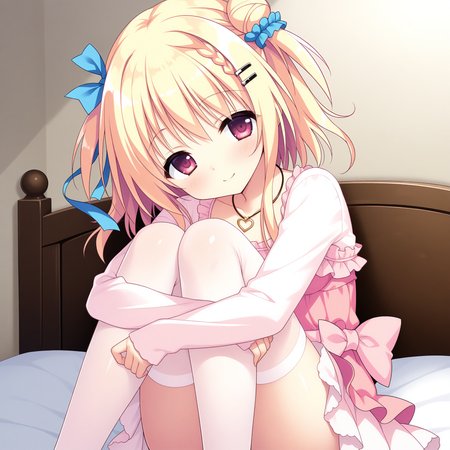 <lora:Futaba_Mikana_1_nai-000034:1>,Futaba Mikana,short hair with long locks,two side up,single hair bun,blue scrunchie,braid,hairclip,hair ribbon,blue ribbon,
pink thighhighs,long sleeves,pink dress,sleeves past wrists,short dress,heart necklace,frilled dress,waist bow,pink bow,layered skirt,
BREAK
1girl,solo,smile,looking at viewer,on bed,hugging own legs,sitting,head tilt,blush,
