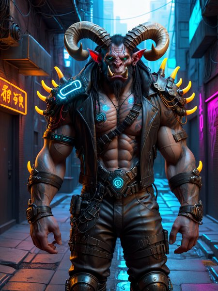 troll, man, horns, tusks, cyberpunk, dirty alley, leather clothes, armor plates, neon lights  <lora:Neon_Cyberpunk_SDXL_Trolls:1>, (masterpiece:1.2), best quality, (hyperdetailed, highest detailed:1.2), high resolution textures