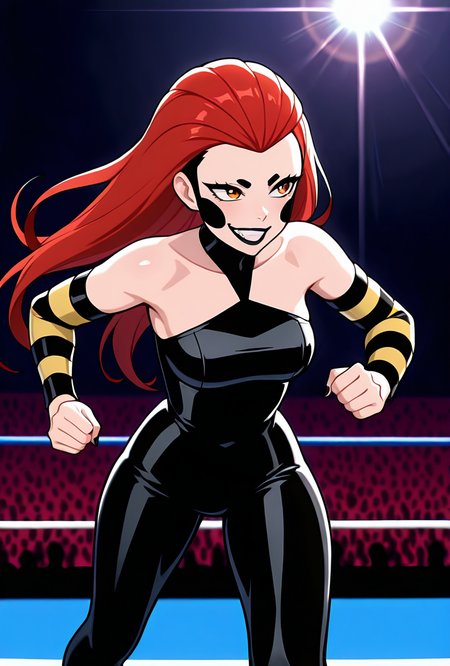 <lora:frightwig:1> frightwig, 1girl, long hair, red hair, bare shoulders, hair down,  black lips, striped sleeves, black cheeks, detached sleeves, black bodysuit, facing forward, evil grin, teeth,  wrestling ring, zoomed out, lens flare, dynamic pose,  fighting,, masterpiece, best quality, amazing quality, very aesthetic, absurdres, newest,