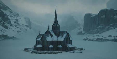 best quality, masterpiece, raw photo, 8k, uhd, cinematicpainting, one norvegian church in the middle of a norway landscape,cyan tones    <lora:Cinematic_Painting_XL-000002:1>
