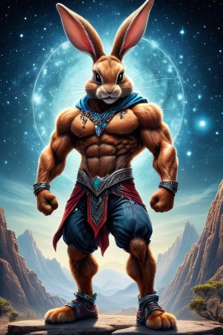ultra-fine digital painting of a muscular  <lora:anthro_muscular:0.7> anthro Rabbit (Standing on tiptoes, playful energy) at Ancient star maps revealing cosmic secrets,  super detail, ultra-realism, <lora:xl_more_art-full_v1:0.3>,  <lora:madpunk:0.6>  madpunk